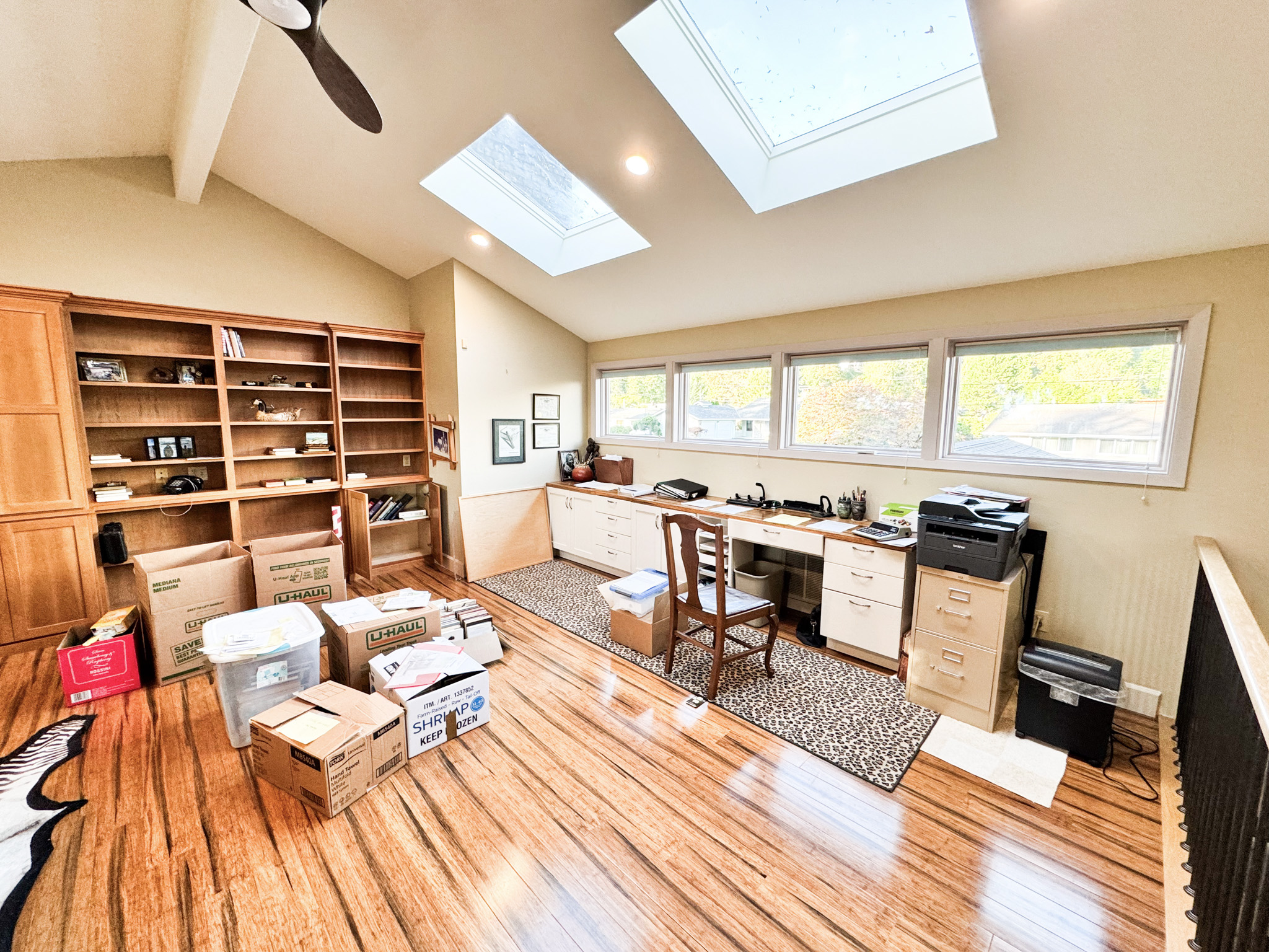 Office with skylights and built-in bookshelves
