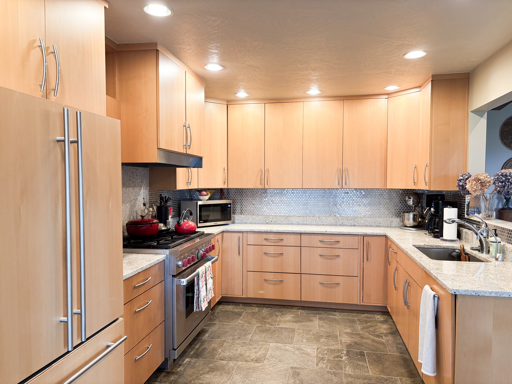 Kitchen full layout with Wolf range and slate floors